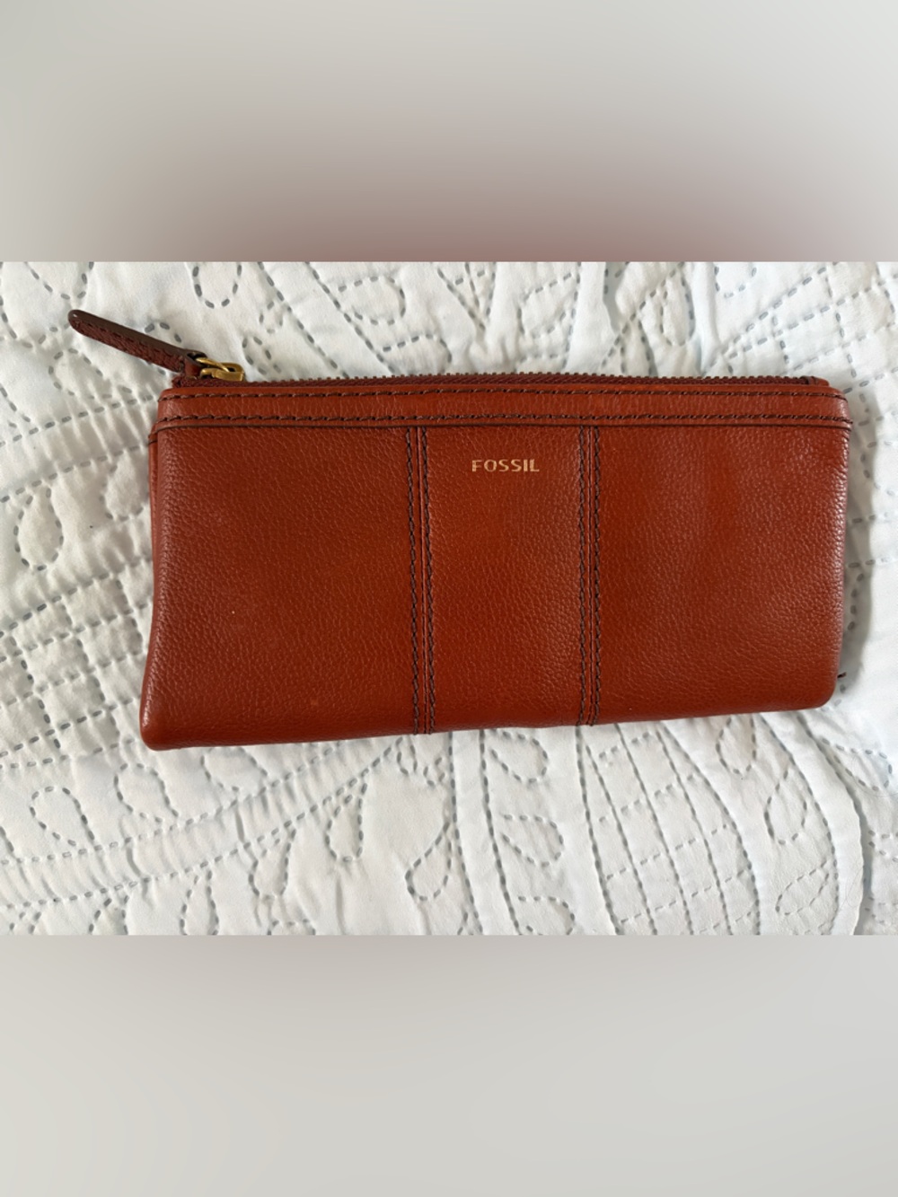 Fossil Cognac Leather Zip Wallet